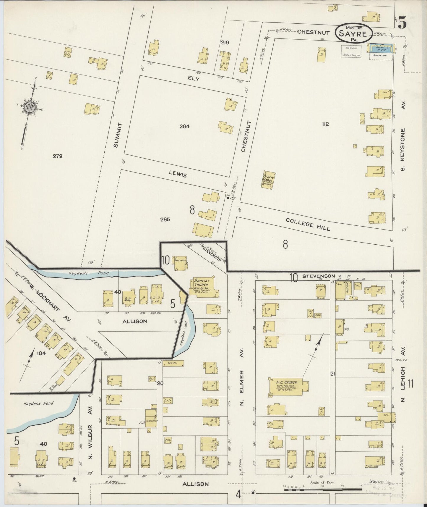Sanborn Fire Insurance Map from Sayre, Bradford County, Pennsylvania (1915), Sheet #0005 - Historic Sanborn Fire Insurance Map Print, vintage old map wall art, antique decor, genealogy gift, Pennsylvania Pennsylvania map