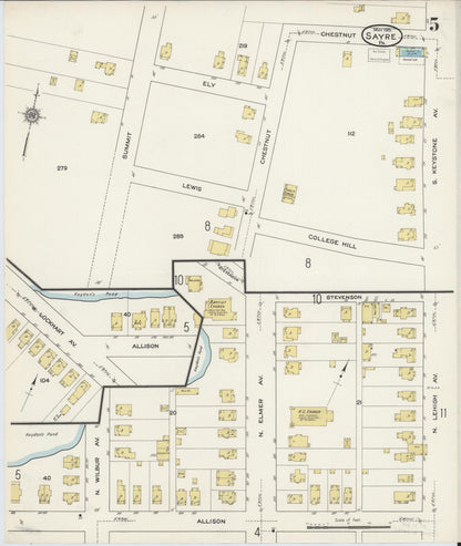 Sanborn Fire Insurance Map from Sayre, Bradford County, Pennsylvania (1915), Sheet #0005 - Historic Sanborn Fire Insurance Map Print, vintage old map wall art, antique decor, genealogy gift, Pennsylvania Pennsylvania map