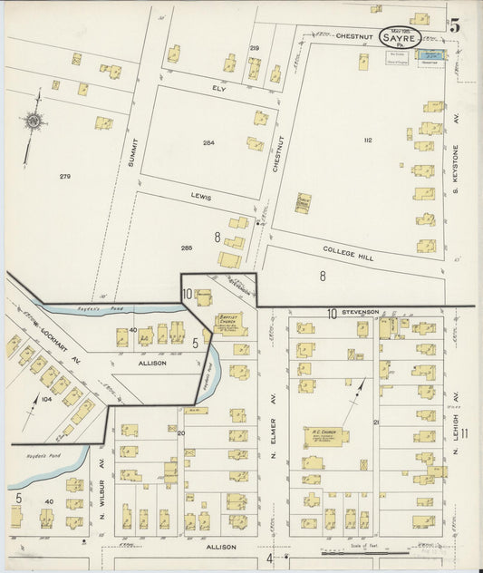 Sanborn Fire Insurance Map from Sayre, Bradford County, Pennsylvania (1915), Sheet #0005 - Historic Sanborn Fire Insurance Map Print, vintage old map wall art, antique decor, genealogy gift, Pennsylvania Pennsylvania map