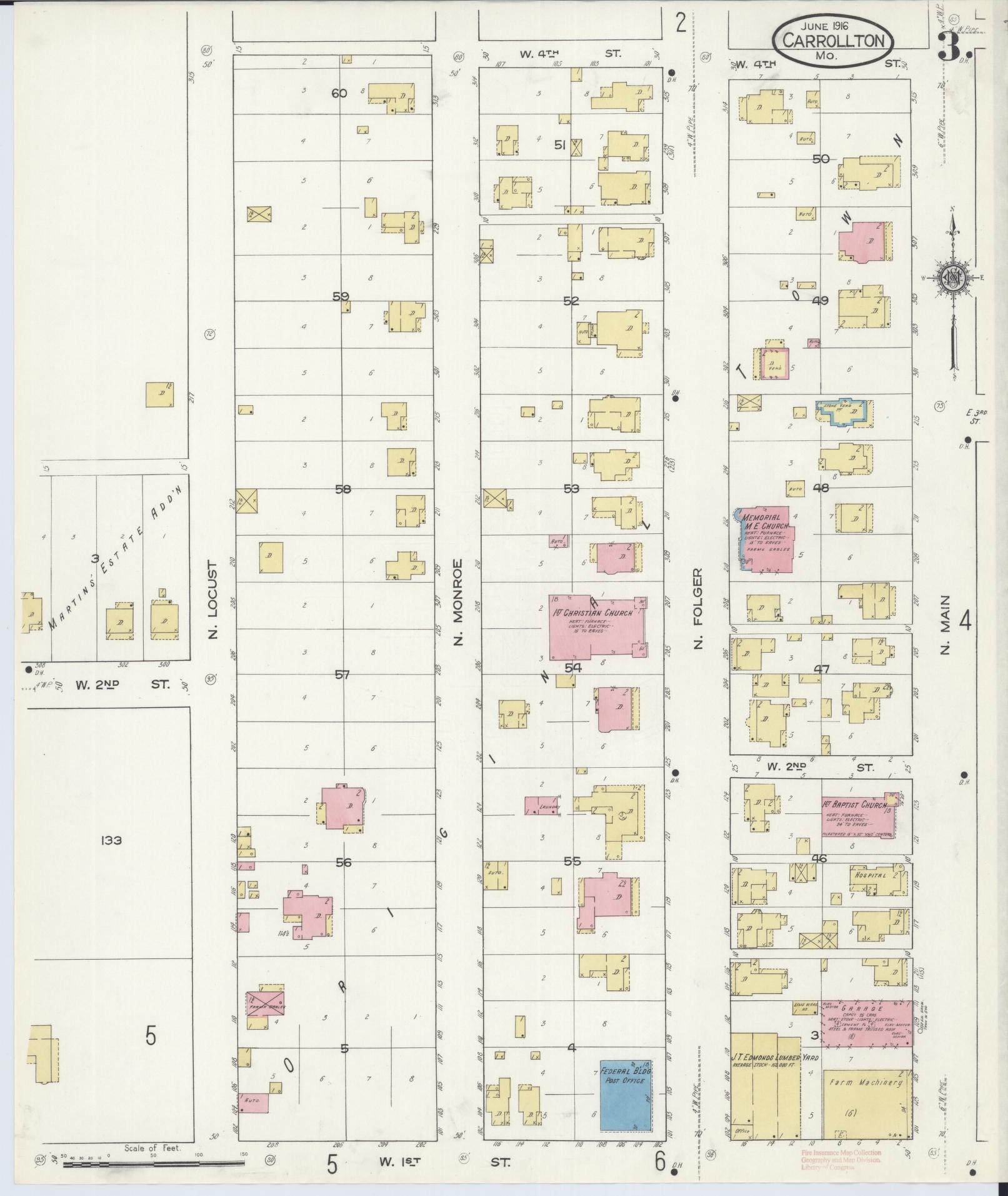 Sanborn Fire Insurance Map from Carrollton, Carroll County, Missouri (1916), Sheet #0003 - Historic Sanborn Fire Insurance Map Print, vintage old map wall art, antique decor, genealogy gift, Missouri Missouri map