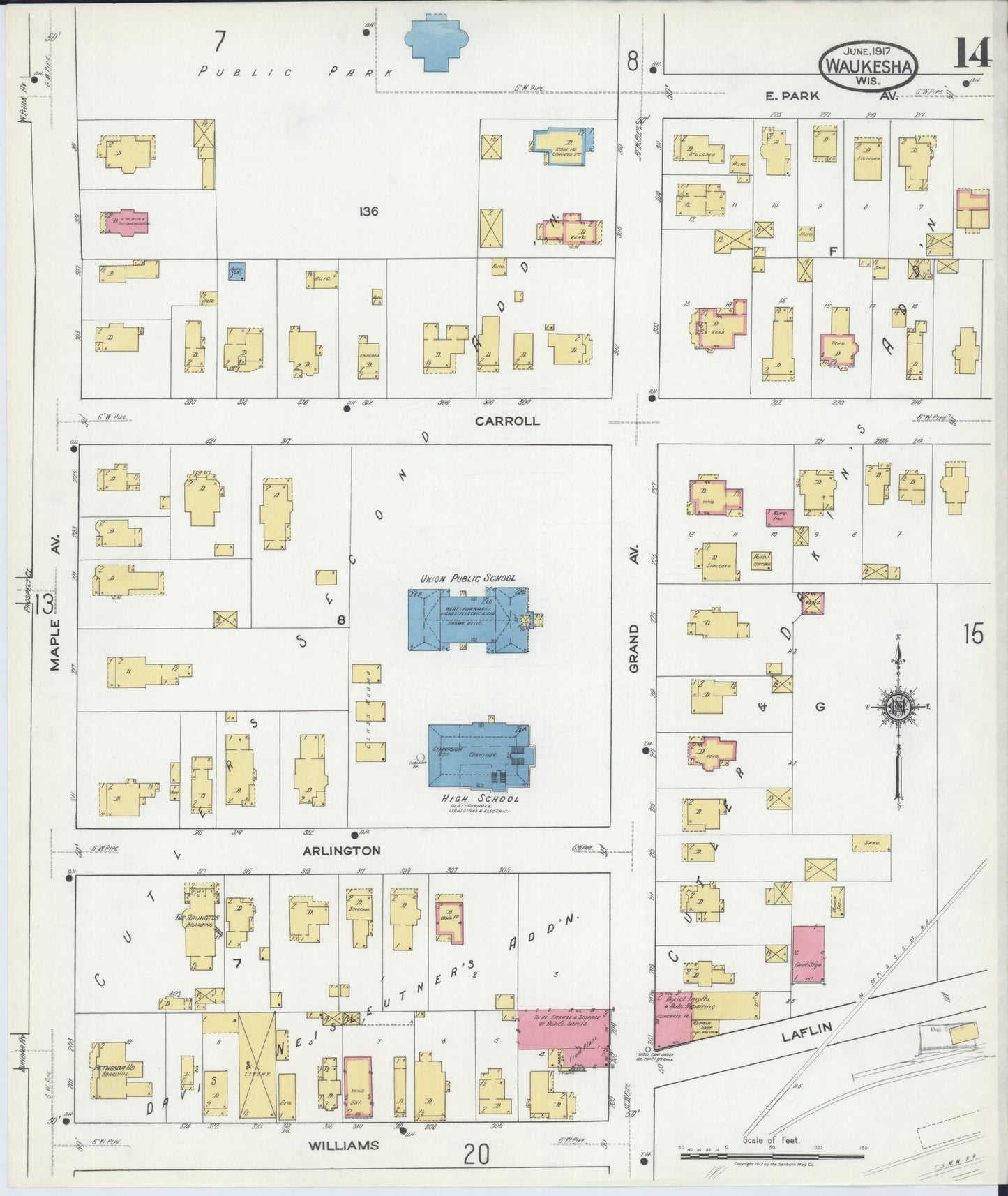 Sanborn Fire Insurance Map from Waukesha, Waukesha County, Wisconsin (1917), Sheet #0014 - Complete Map Set gallery image, historic Sanborn map, vintage wall art, Wisconsin Wisconsin