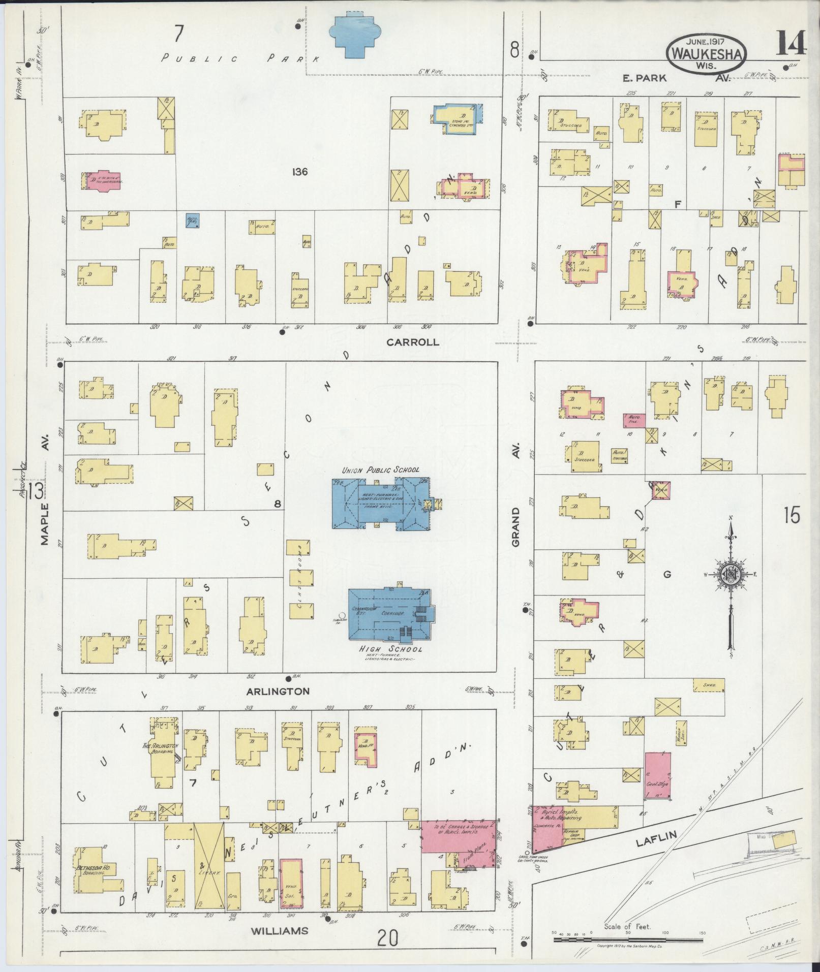 Sanborn Fire Insurance Map from Waukesha, Waukesha County, Wisconsin (1917), Sheet #0014 - Complete Map Set gallery image, historic Sanborn map, vintage wall art, Wisconsin Wisconsin