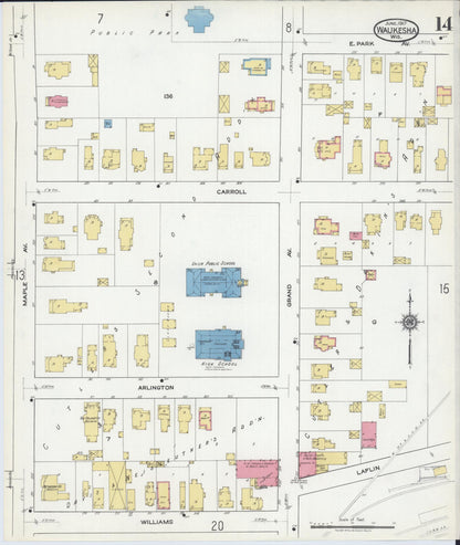 Sanborn Fire Insurance Map from Waukesha, Waukesha County, Wisconsin (1917), Sheet #0014 - Complete Map Set gallery image, historic Sanborn map, vintage wall art, Wisconsin Wisconsin