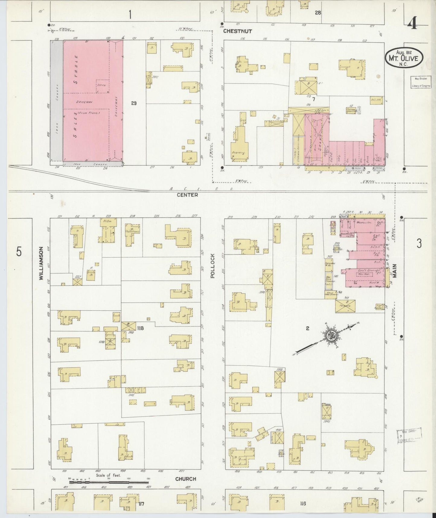 Sanborn Fire Insurance Map from Mount Olive, Wayne County, North Carolina (1912), Sheet #0004 - Complete Map Set gallery image, historic Sanborn map, vintage wall art, North Carolina North Carolina