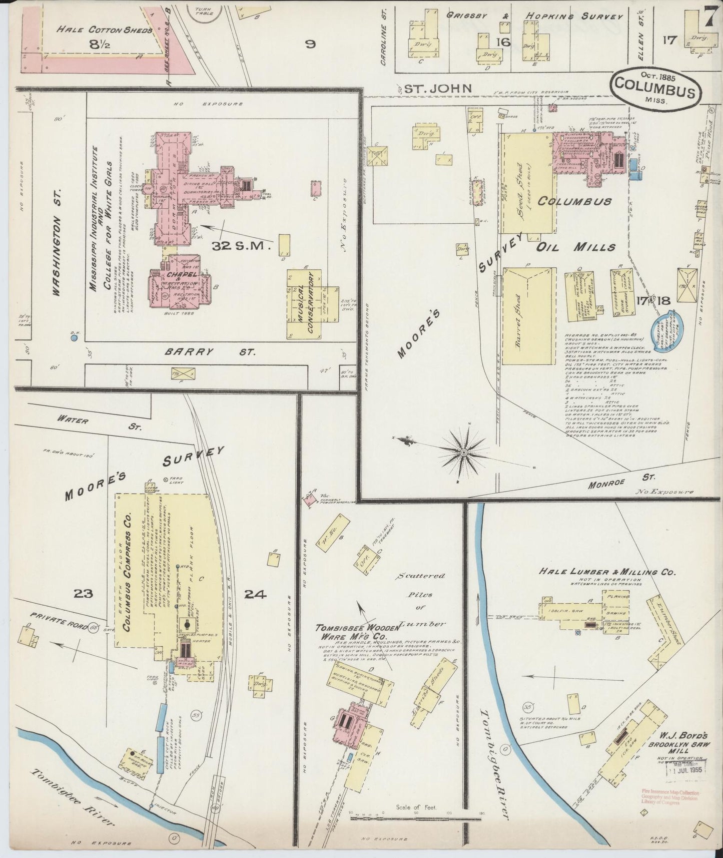 Sanborn Fire Insurance Map from Columbus, Lowndes County, Mississippi (1885), Sheet #0007 - Historic Sanborn Fire Insurance Map Print, vintage old map wall art, antique decor, genealogy gift, Mississippi Mississippi map