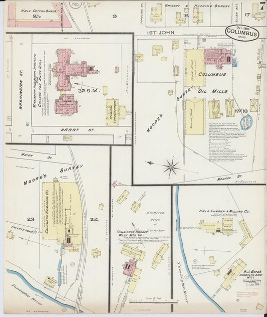 Sanborn Fire Insurance Map from Columbus, Lowndes County, Mississippi (1885), Sheet #0007 - Historic Sanborn Fire Insurance Map Print, vintage old map wall art, antique decor, genealogy gift, Mississippi Mississippi map