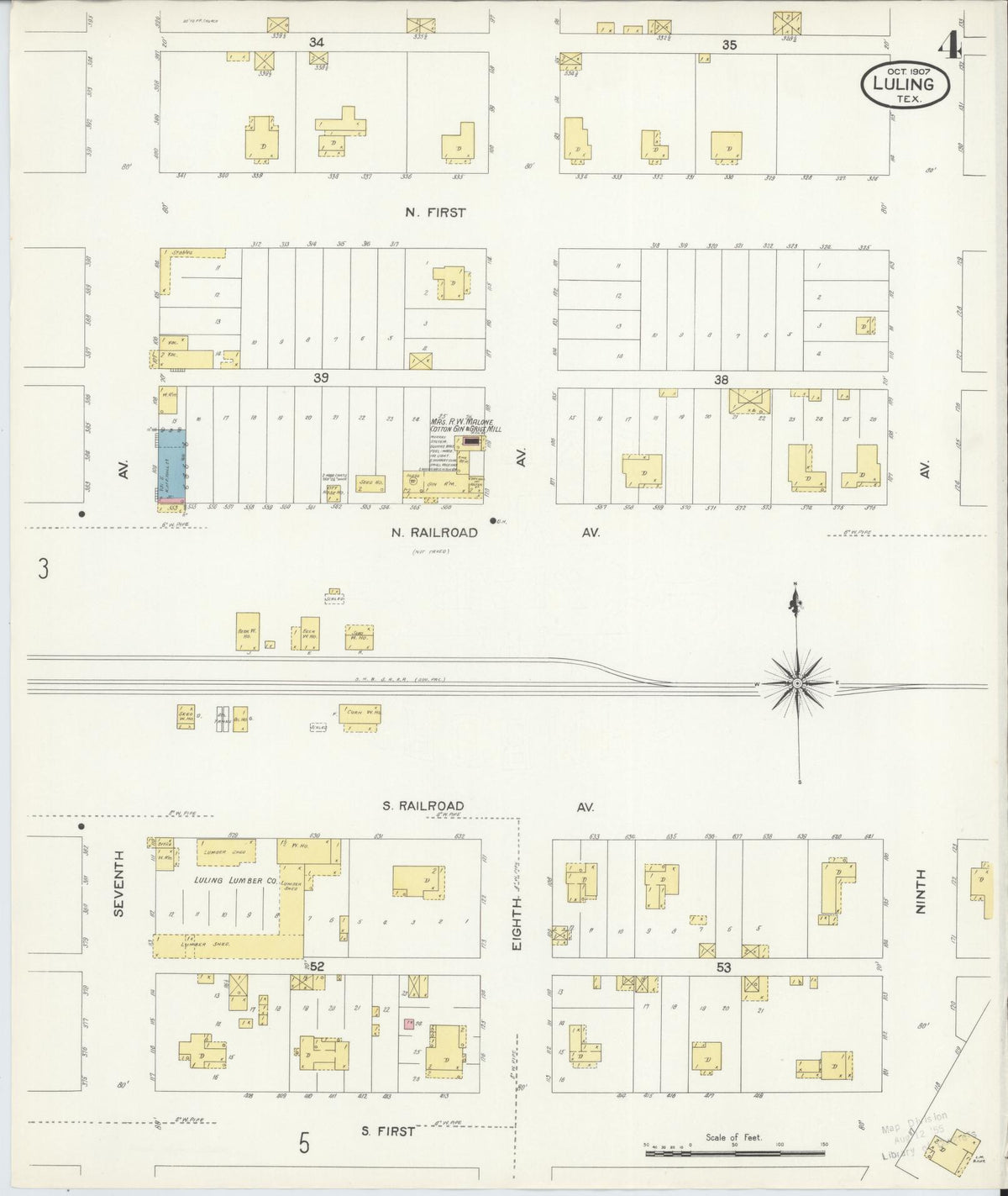 Sanborn Fire Insurance Map from Luling, Caldwell County, Texas (1907), Sheet #0004 - Complete Map Set gallery image, historic Sanborn map, vintage wall art, Texas Texas