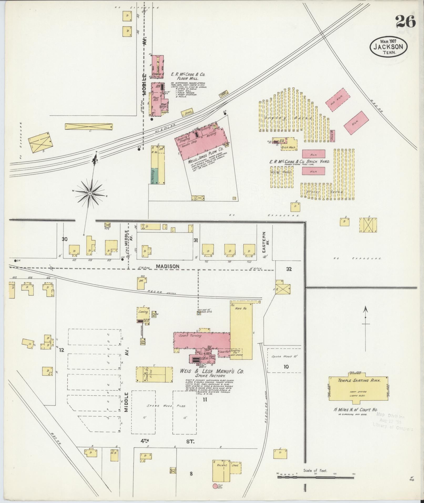 Sanborn Fire Insurance Map from Jackson, Madison County, Tennessee (1907), Sheet #0026 - Complete Map Set gallery image, historic Sanborn map, vintage wall art, Tennessee Tennessee