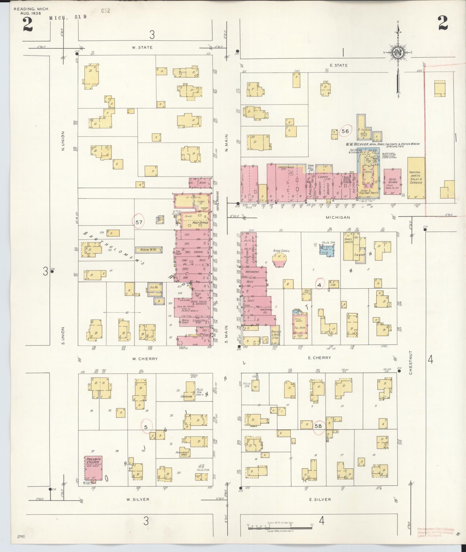 Sanborn Fire Insurance Map from Reading, Hillsdale County, Michigan (1938), Sheet #0002 - Complete Map Set gallery image, historic Sanborn map, vintage wall art, Michigan Michigan