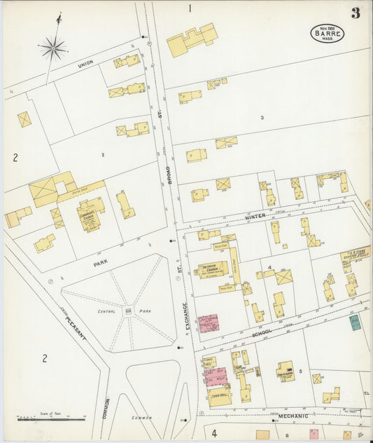 Sanborn Fire Insurance Map from Barre, Worcester County, Massachusetts (1905), Sheet #0003 - Historic Sanborn Fire Insurance Map Print, vintage old map wall art, antique decor, genealogy gift, Massachusetts Massachusetts map
