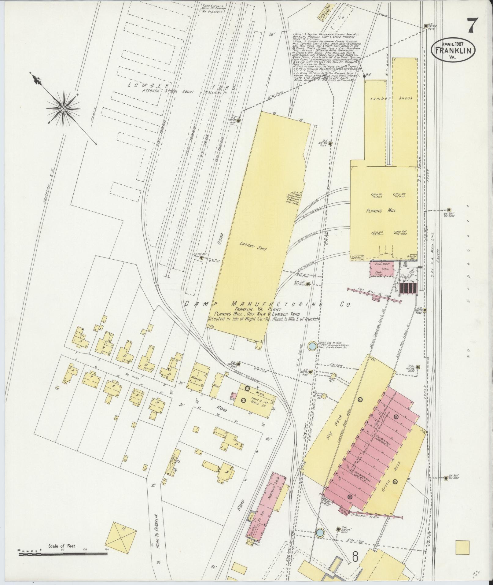 Sanborn Fire Insurance Map from Franklin, Independent Cities, Virginia (1907), Sheet #0007 - Complete Map Set gallery image, historic Sanborn map, vintage wall art, Virginia Virginia