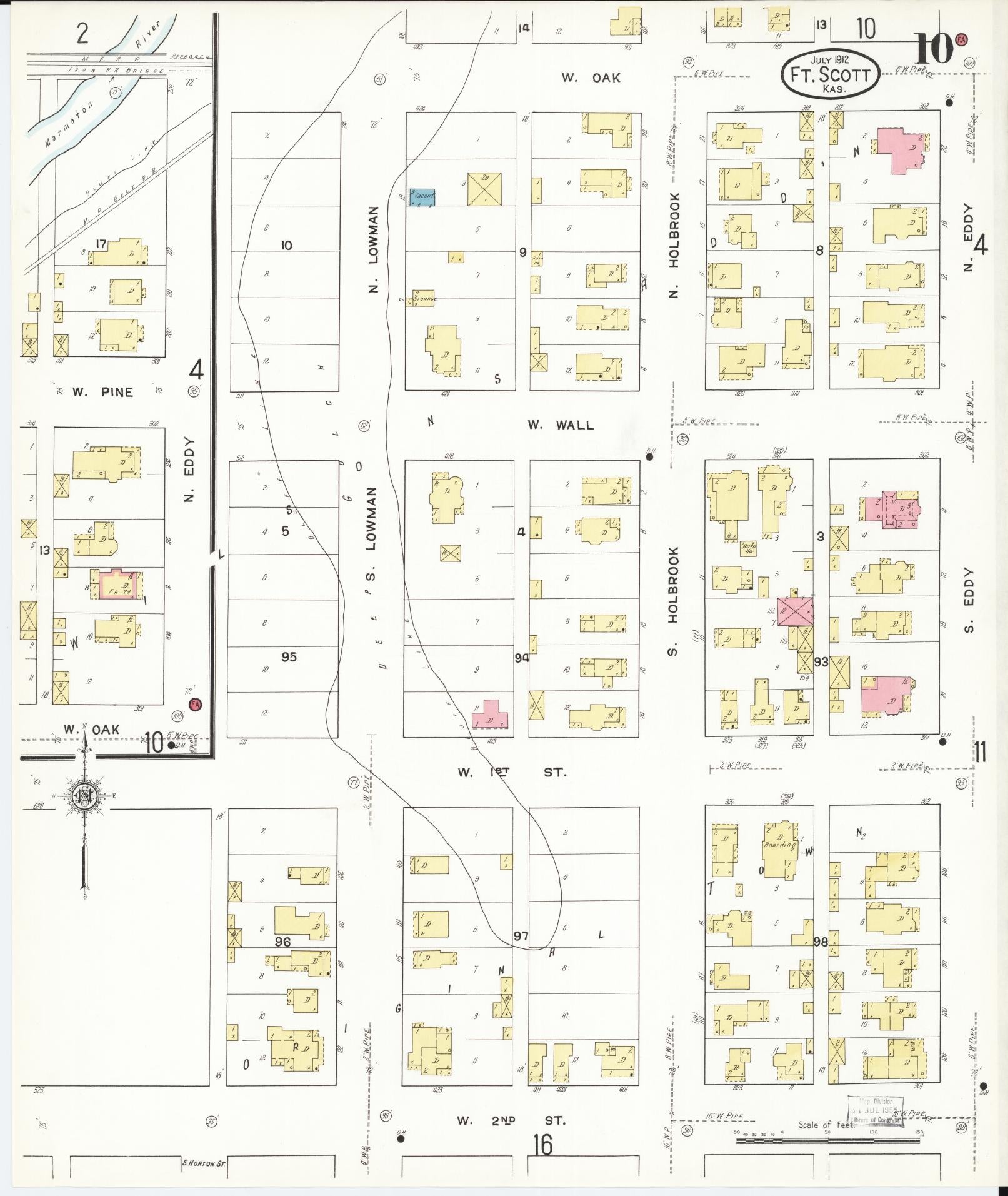 Sanborn Fire Insurance Map from Fort Scott, Bourbon County, Kansas (1912), Sheet #0010 - Historic Sanborn Fire Insurance Map Print, vintage old map wall art, antique decor, genealogy gift, Kansas Kansas map