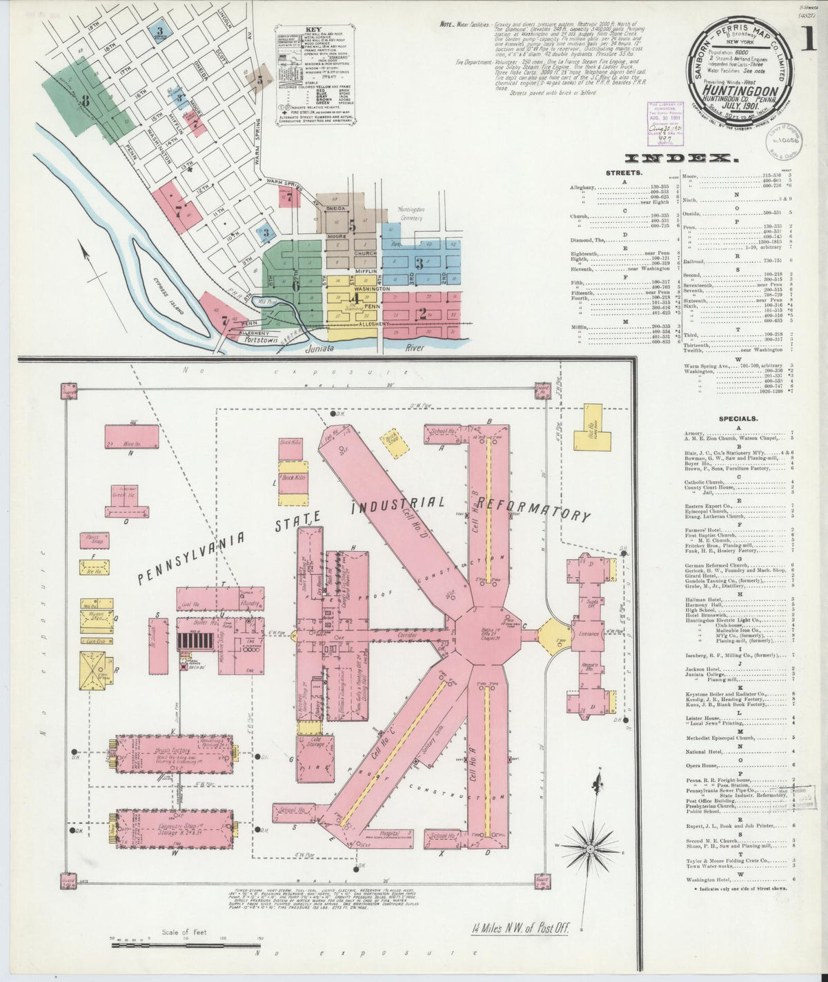 Sanborn Fire Insurance Map from Huntingdon, Huntingdon County, Pennsylvania (1901), Sheet #0001 - Historic Sanborn Fire Insurance Map Print, vintage old map wall art, antique decor, genealogy gift, Pennsylvania Pennsylvania map