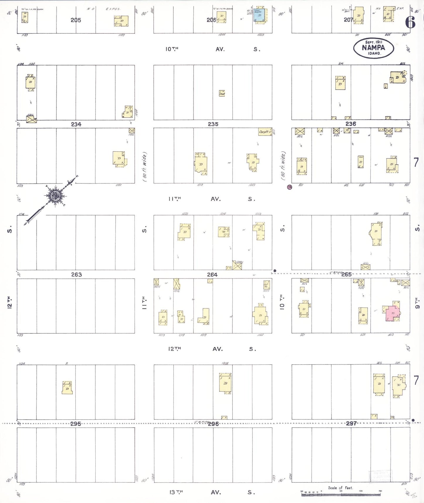 Sanborn Fire Insurance Map from Nampa, Canyon County, Idaho (1911), Sheet #0006 - Historic Sanborn Fire Insurance Map Print, vintage old map wall art, antique decor, genealogy gift, Idaho Idaho map