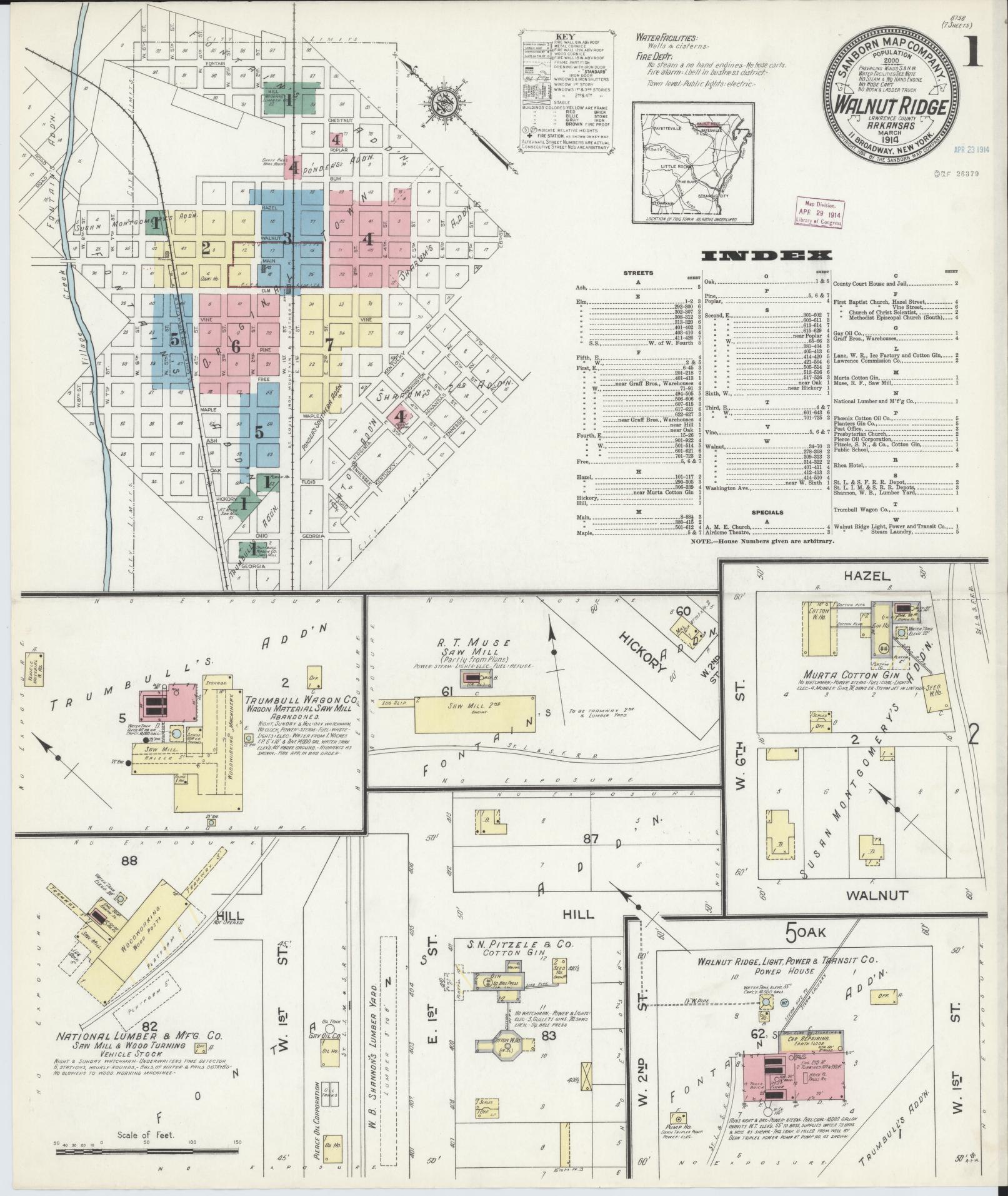 Sanborn Fire Insurance Map from Walnut Ridge, Lawrence County, Arkansas (1914), Sheet #0001 - Complete Map Set gallery image, historic Sanborn map, vintage wall art, Arkansas Arkansas