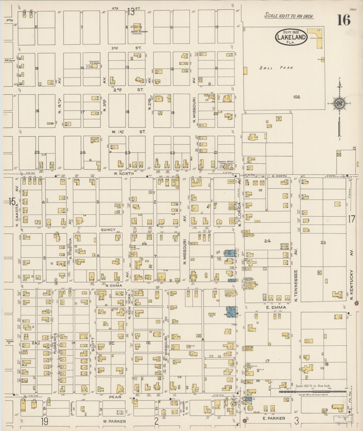 Sanborn Fire Insurance Map from Lakeland, Polk County, Florida (1922), Sheet #0016 - Complete Map Set gallery image, historic Sanborn map, vintage wall art, Florida Florida