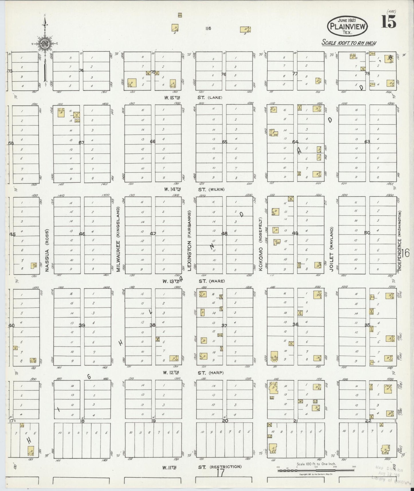 Sanborn Fire Insurance Map from Plainview, Hale County, Texas (1921), Sheet #0015 - Complete Map Set gallery image, historic Sanborn map, vintage wall art, Texas Texas