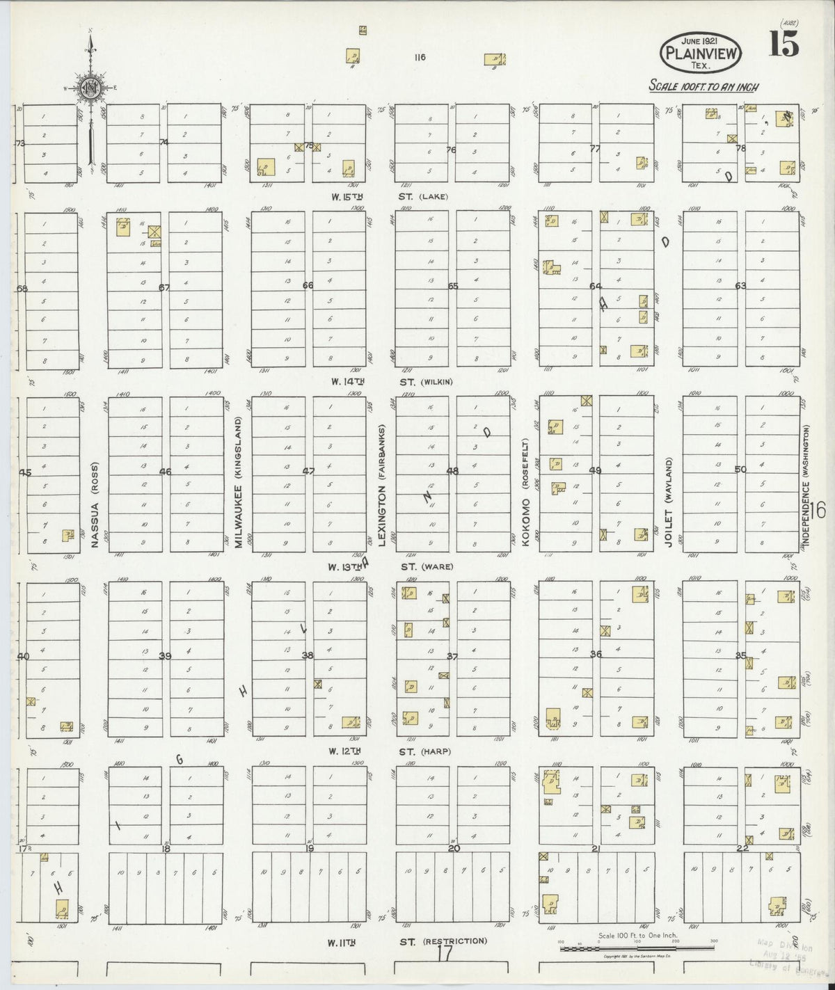 Sanborn Fire Insurance Map from Plainview, Hale County, Texas (1921), Sheet #0015 - Complete Map Set gallery image, historic Sanborn map, vintage wall art, Texas Texas