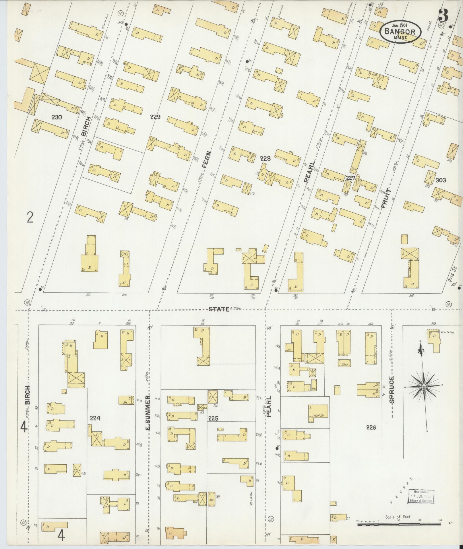 Sanborn Fire Insurance Map from Bangor, Penobscot County, Maine (1901), Sheet #0003 - Complete Map Set gallery image, historic Sanborn map, vintage wall art, Maine Maine