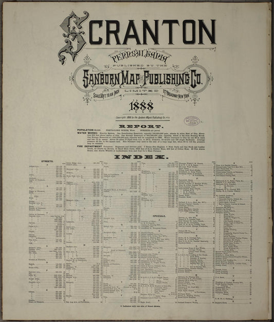 Sanborn Fire Insurance Map from Scranton, Lackawanna County, Pennsylvania (1888), Sheet #0001 - Historic Sanborn Fire Insurance Map Print, vintage old map wall art, antique decor, genealogy gift, Pennsylvania Pennsylvania map