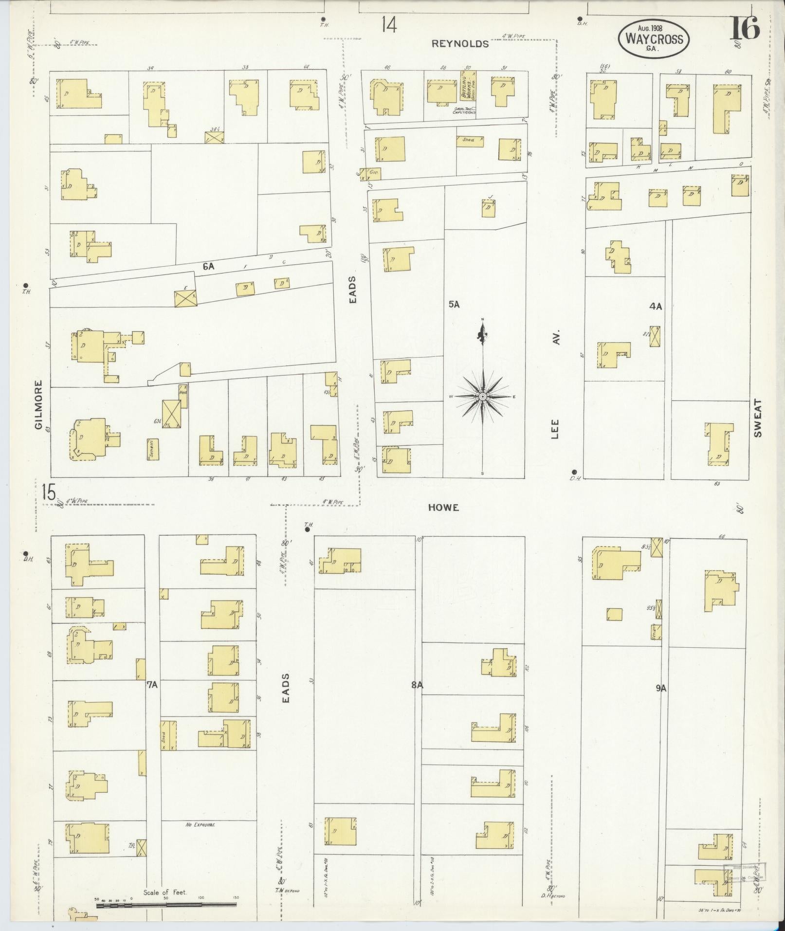 Sanborn Fire Insurance Map from Waycross, Ware County, Georgia (1908), Sheet #0016 - Complete Map Set gallery image, historic Sanborn map, vintage wall art, Georgia Georgia