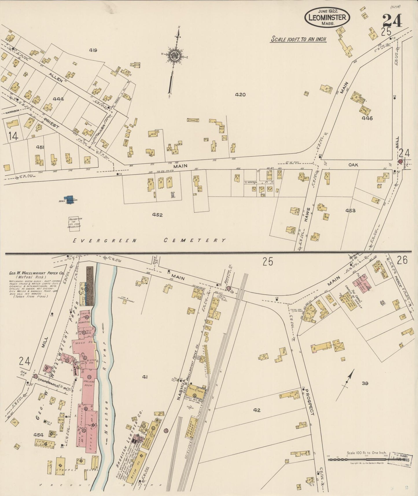 Sanborn Fire Insurance Map from Leominster, Worcester County, Massachusetts (1922), Sheet #0024 - Historic Sanborn Fire Insurance Map Print, vintage old map wall art, antique decor, genealogy gift, Massachusetts Massachusetts map
