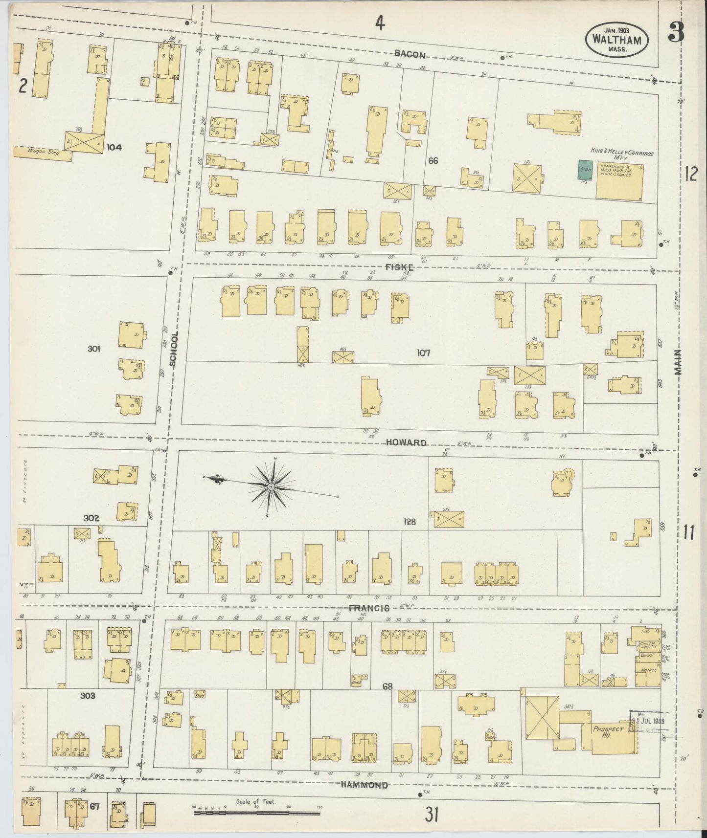 Sanborn Fire Insurance Map from Waltham, Middlesex County, Massachusetts (1903), Sheet #0003 - Complete Map Set gallery image, historic Sanborn map, vintage wall art, Massachusetts Massachusetts