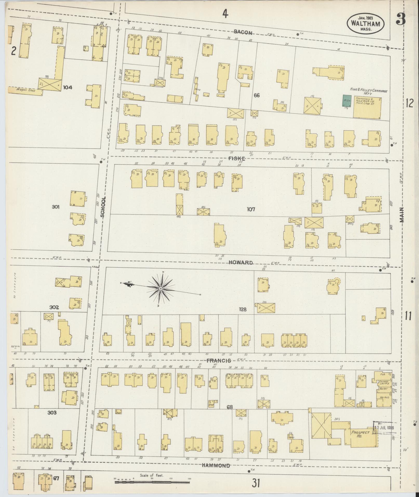 Sanborn Fire Insurance Map from Waltham, Middlesex County, Massachusetts (1903), Sheet #0003 - Complete Map Set gallery image, historic Sanborn map, vintage wall art, Massachusetts Massachusetts