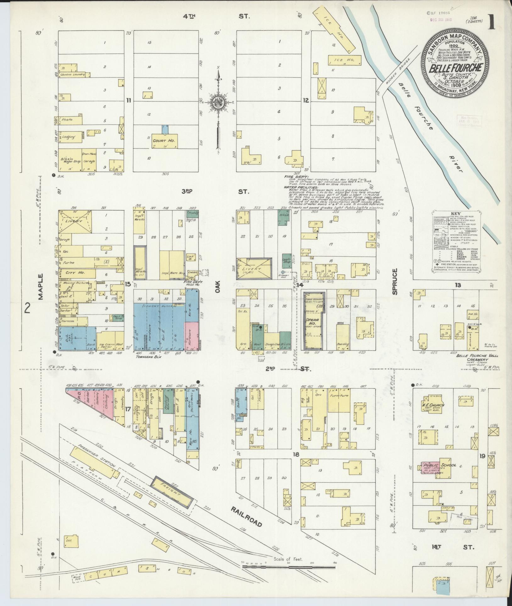 Sanborn Fire Insurance Map from Belle Fourche, Butte County, South Dakota (1909), Sheet #0001 - Complete Map Set gallery image, historic Sanborn map, vintage wall art, South Dakota South Dakota