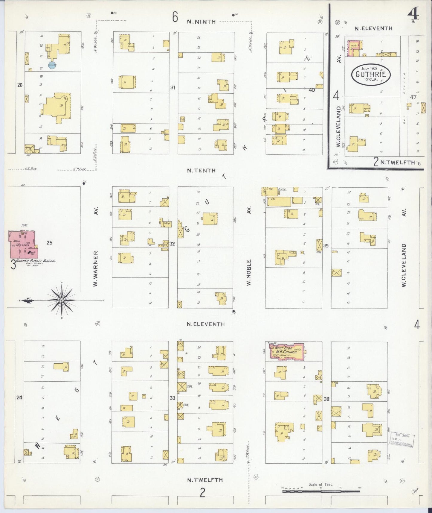 Sanborn Fire Insurance Map from Guthrie, Logan County, Oklahoma (1908), Sheet #0004 - Complete Map Set gallery image, historic Sanborn map, vintage wall art, Oklahoma Oklahoma