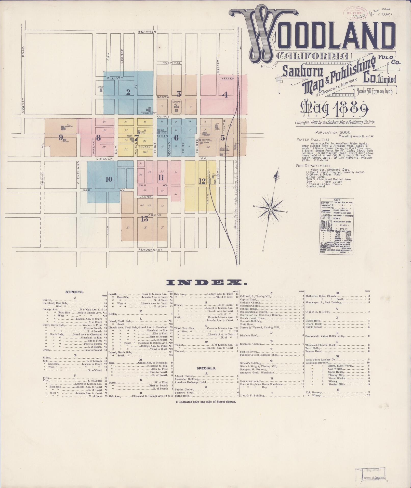 Sanborn Fire Insurance Map from Woodland, Yolo County, California (1889), Sheet #0001 - Complete Map Set gallery image, historic Sanborn map, vintage wall art, California California