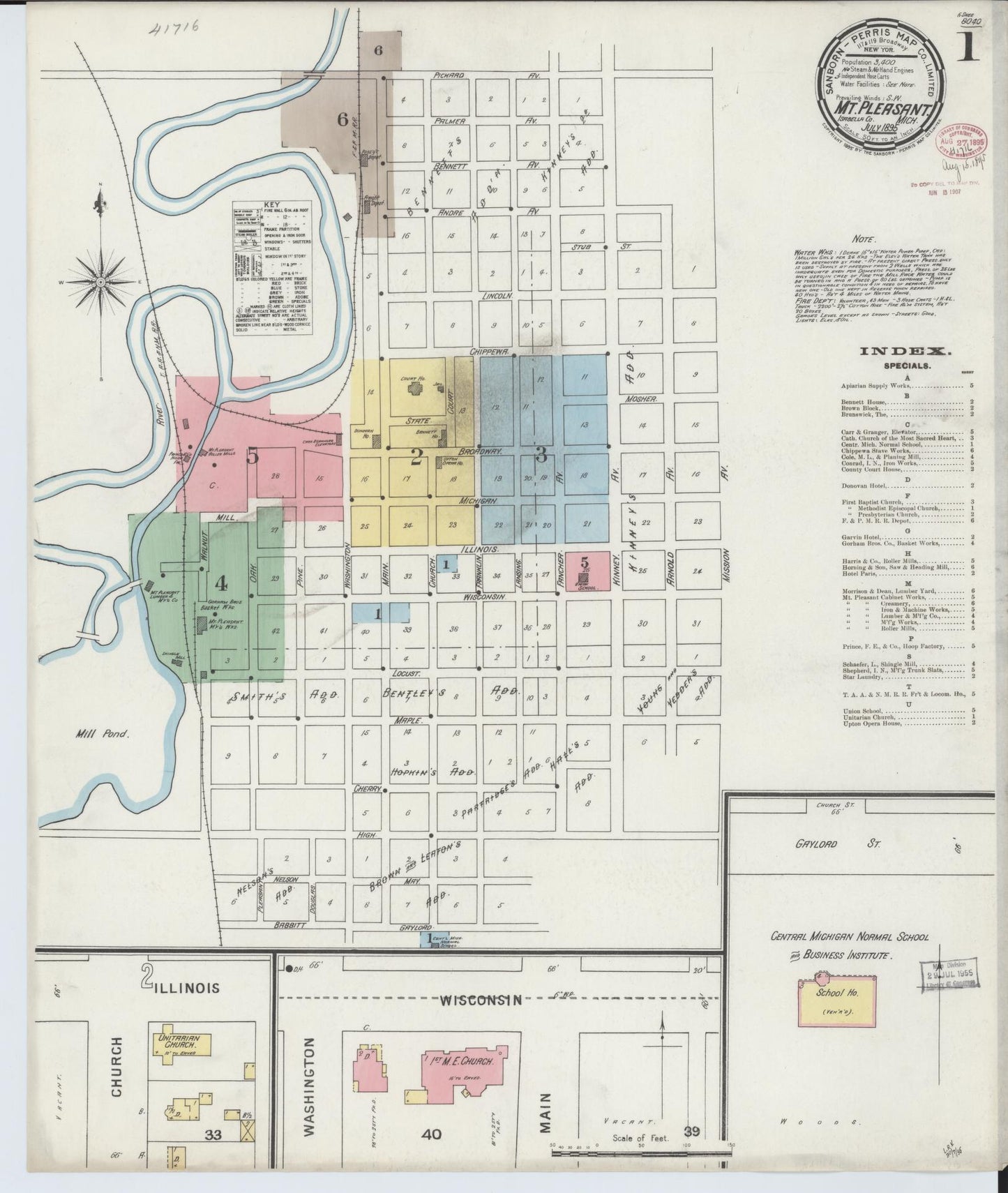 Sanborn Fire Insurance Map from Mount Pleasant, Isabella County, Michigan (1895), Sheet #0001 - Complete Map Set gallery image, historic Sanborn map, vintage wall art, Michigan Michigan