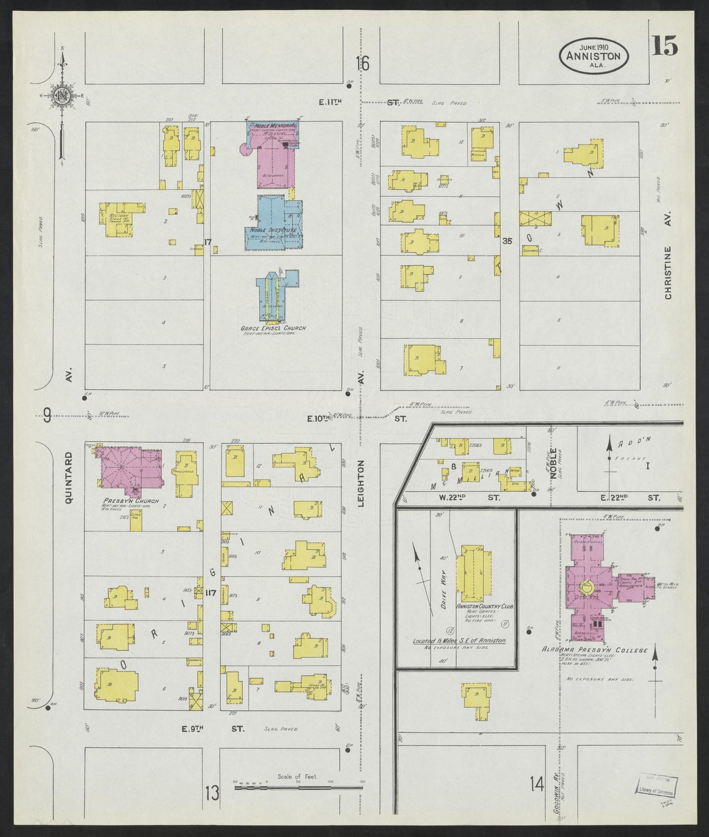 Sanborn Fire Insurance Map from Anniston, Calhoun County, Alabama (1910), Sheet #0015 - Historic Sanborn Fire Insurance Map Print, vintage old map wall art, antique decor, genealogy gift, Alabama Alabama map