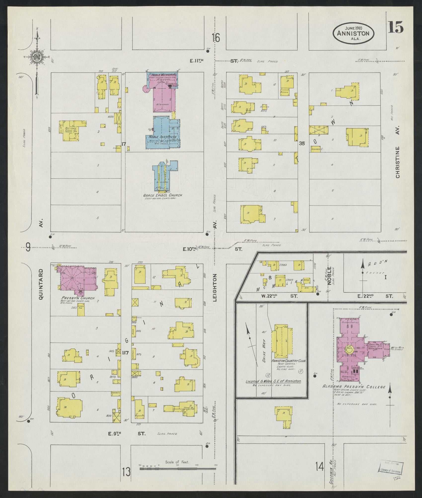 Sanborn Fire Insurance Map from Anniston, Calhoun County, Alabama (1910), Sheet #0015 - Historic Sanborn Fire Insurance Map Print, vintage old map wall art, antique decor, genealogy gift, Alabama Alabama map
