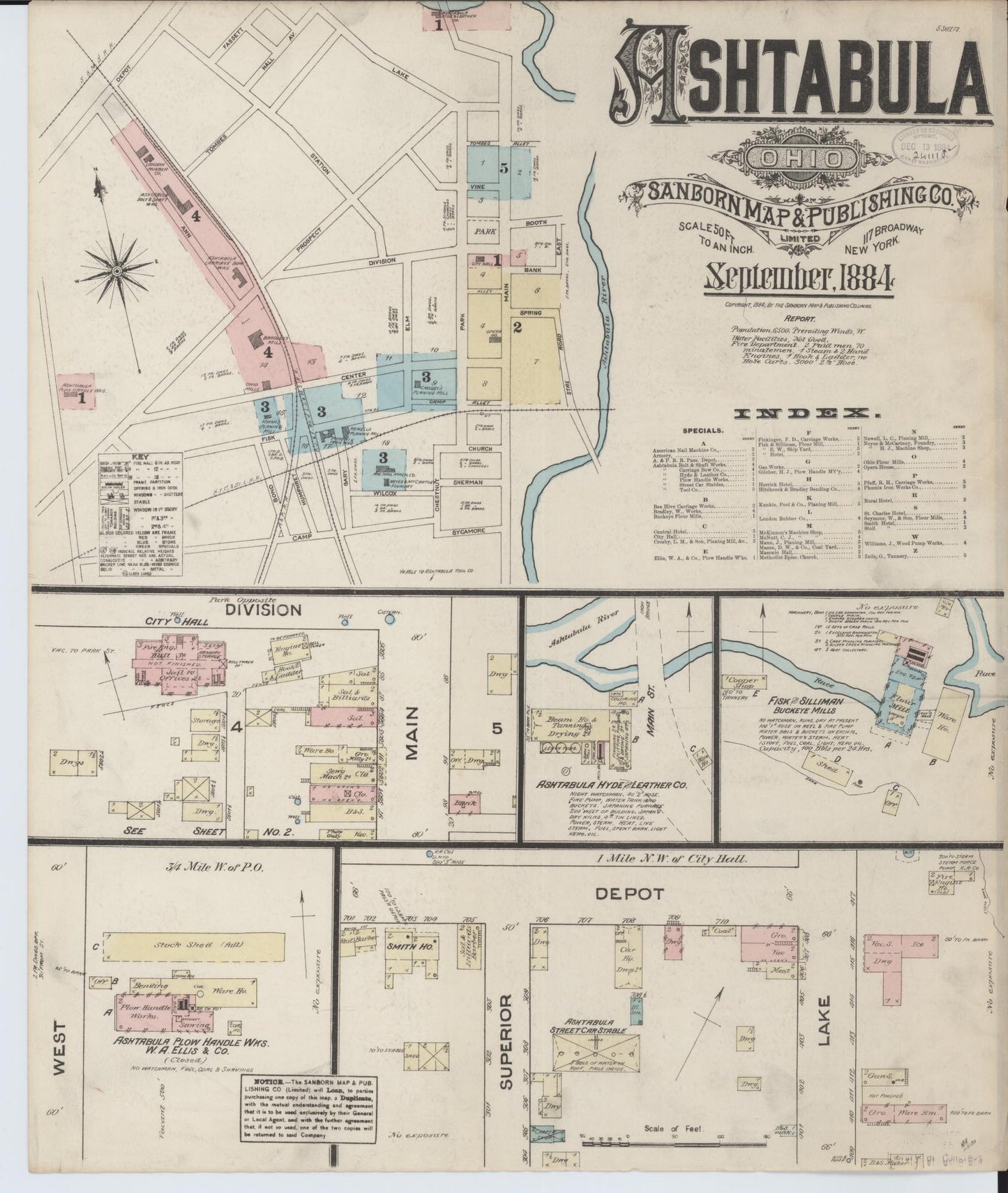 Sanborn Fire Insurance Map from Ashtabula, Ashtabula County, Ohio (1884), Sheet #0001 - Historic Sanborn Fire Insurance Map Print, vintage old map wall art, antique decor, genealogy gift, Ohio Ohio map