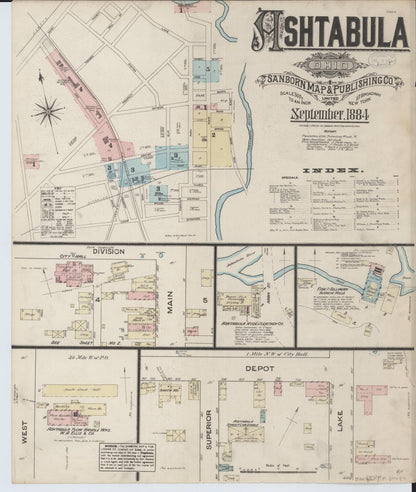 Sanborn Fire Insurance Map from Ashtabula, Ashtabula County, Ohio (1884), Sheet #0001 - Historic Sanborn Fire Insurance Map Print, vintage old map wall art, antique decor, genealogy gift, Ohio Ohio map