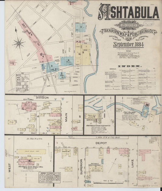 Sanborn Fire Insurance Map from Ashtabula, Ashtabula County, Ohio (1884), Sheet #0001 - Historic Sanborn Fire Insurance Map Print, vintage old map wall art, antique decor, genealogy gift, Ohio Ohio map