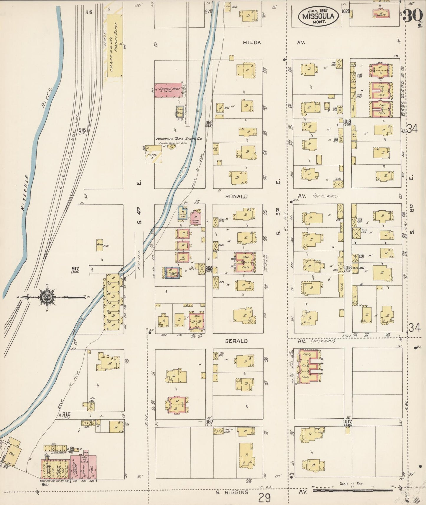 Sanborn Fire Insurance Map from Missoula, Missoula County, Montana (1912), Sheet #0030 - Historic Sanborn Fire Insurance Map Print, vintage old map wall art, antique decor, genealogy gift, Montana Montana map
