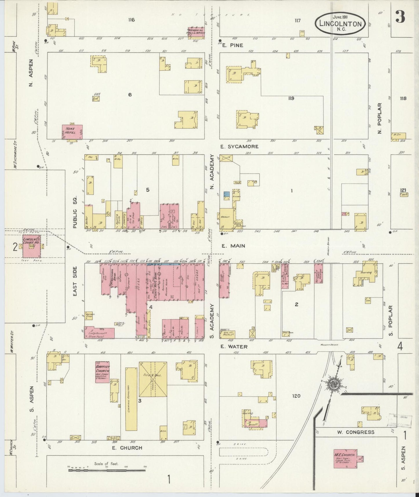 Sanborn Fire Insurance Map from Lincolnton, Lincoln County, North Carolina (1911), Sheet #0003 - Historic Sanborn Fire Insurance Map Print, vintage old map wall art, antique decor, genealogy gift, North Carolina North Carolina map
