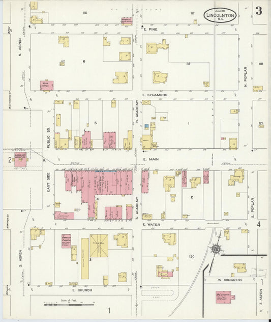 Sanborn Fire Insurance Map from Lincolnton, Lincoln County, North Carolina (1911), Sheet #0003 - Historic Sanborn Fire Insurance Map Print, vintage old map wall art, antique decor, genealogy gift, North Carolina North Carolina map