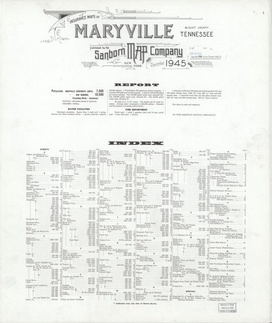 Sanborn Fire Insurance Map from Maryville, Blount County, Tennessee (1945), Sheet #0001 - Historic Sanborn Fire Insurance Map Print, vintage old map wall art, antique decor, genealogy gift, Tennessee Tennessee map