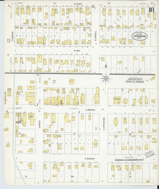 Sanborn Fire Insurance Map from Ironwood, Gogebic County, Michigan (1908), Sheet #0018 - Historic Sanborn Fire Insurance Map Print, vintage old map wall art, antique decor, genealogy gift, Michigan Michigan map