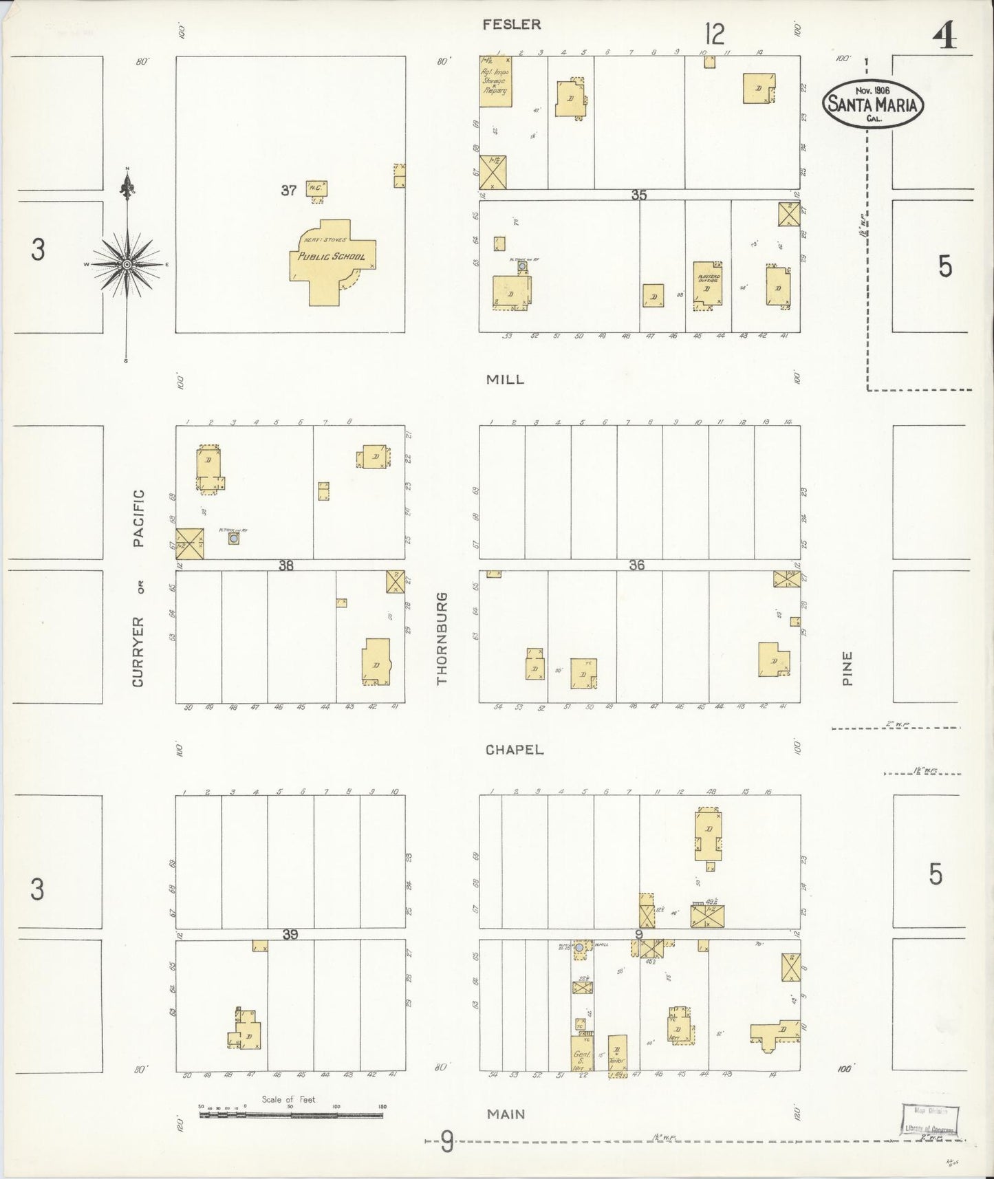 Sanborn Fire Insurance Map from Santa Maria, Santa Barbara County, California (1906), Sheet #0004 - Complete Map Set gallery image, historic Sanborn map, vintage wall art, California California