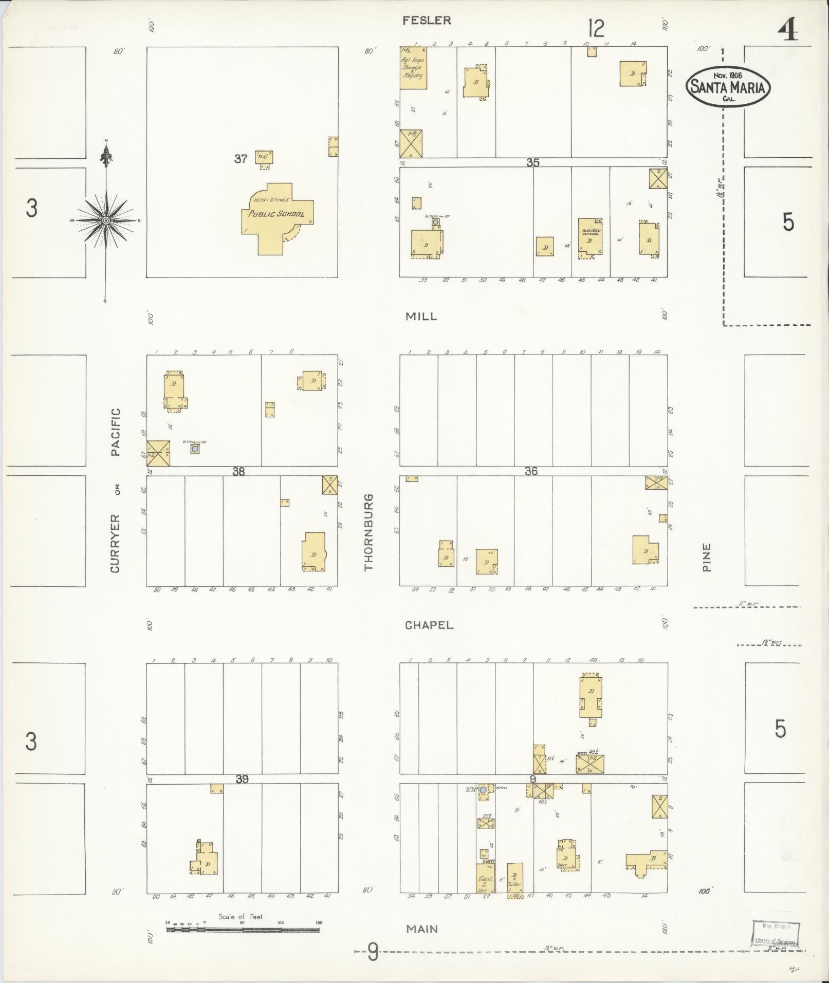 Sanborn Fire Insurance Map from Santa Maria, Santa Barbara County, California (1906), Sheet #0004 - Complete Map Set gallery image, historic Sanborn map, vintage wall art, California California