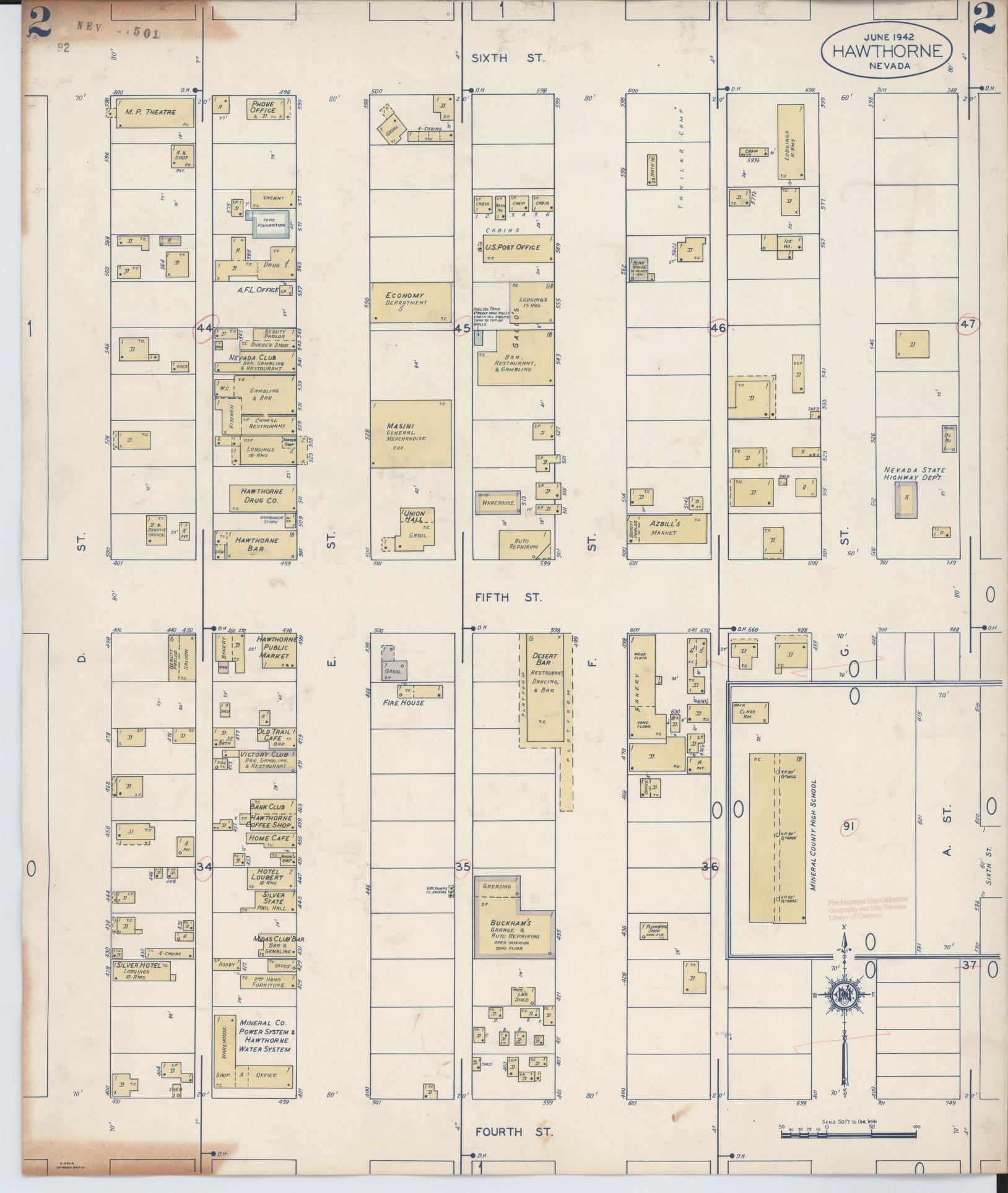 Sanborn Fire Insurance Map from Hawthorne, Mineral County, Nevada (1943), Sheet #0002 - Complete Map Set gallery image, historic Sanborn map, vintage wall art, Nevada Nevada