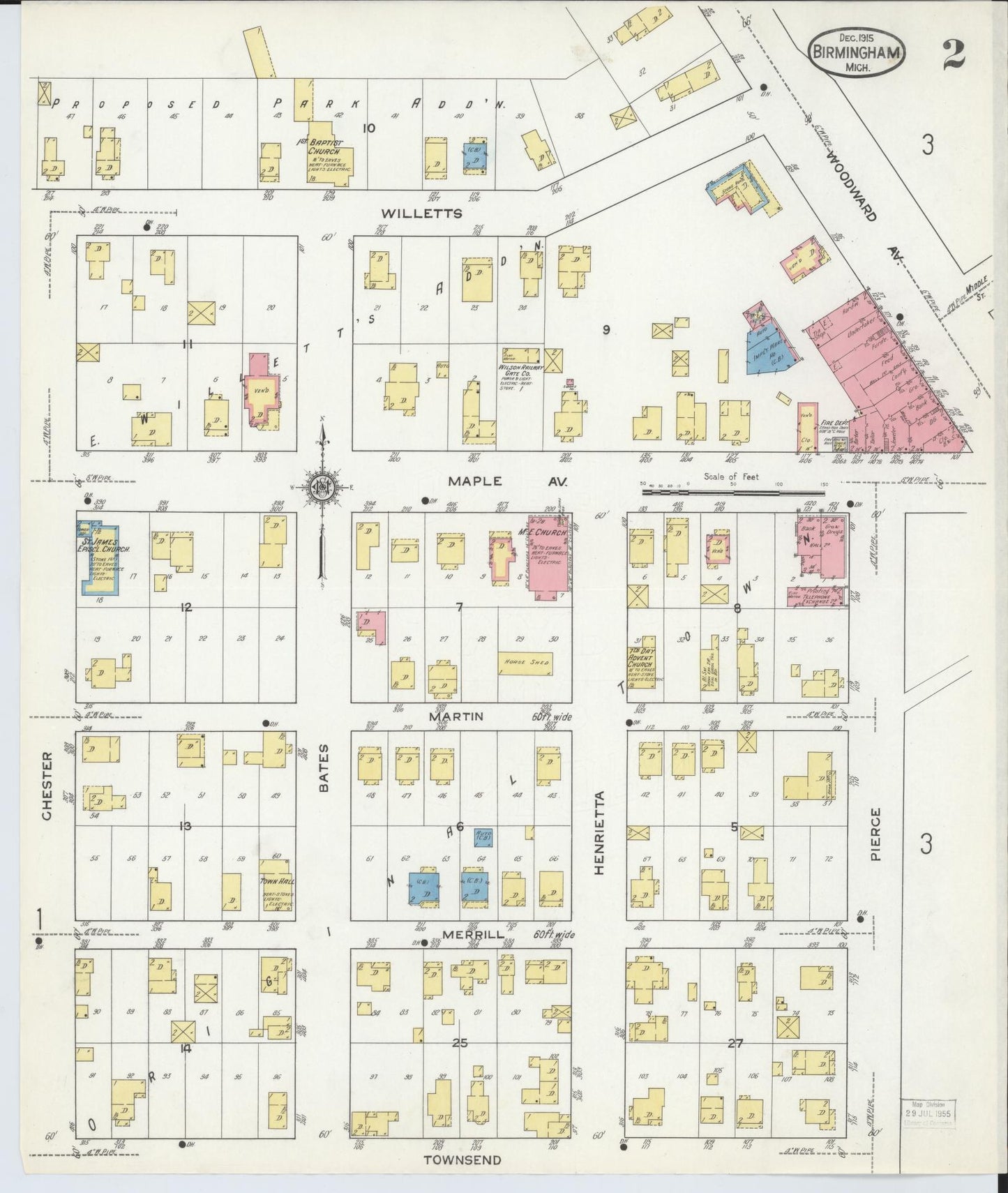 Sanborn Fire Insurance Map from Birmingham, Oakland County, Michigan (1915), Sheet #0002 - Complete Map Set gallery image, historic Sanborn map, vintage wall art, Michigan Michigan