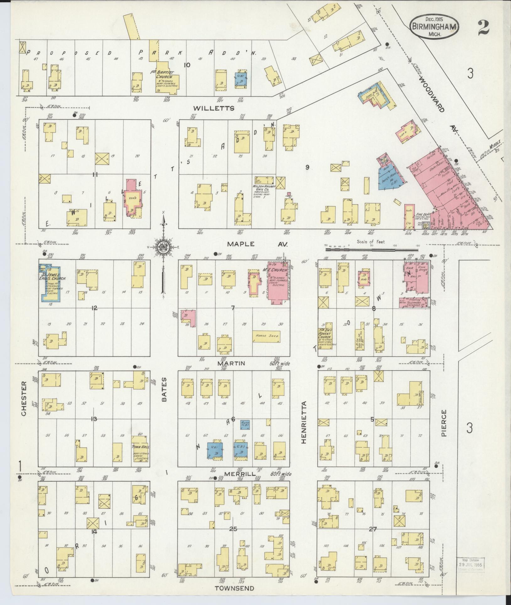 Sanborn Fire Insurance Map from Birmingham, Oakland County, Michigan (1915), Sheet #0002 - Complete Map Set gallery image, historic Sanborn map, vintage wall art, Michigan Michigan