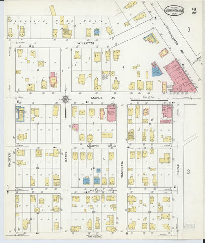 Sanborn Fire Insurance Map from Birmingham, Oakland County, Michigan (1915), Sheet #0002 - Complete Map Set gallery image, historic Sanborn map, vintage wall art, Michigan Michigan