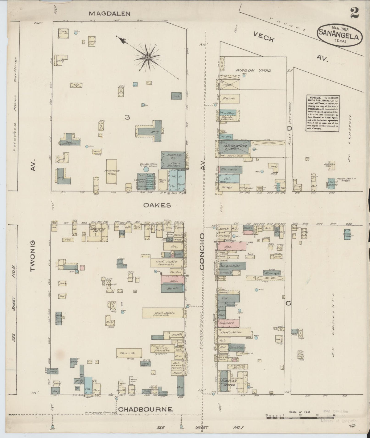 Sanborn Fire Insurance Map from San Angelo, Tom Green County, Texas (1885), Sheet #0002 - Historic Sanborn Fire Insurance Map Print, vintage old map wall art, antique decor, genealogy gift, Texas Texas map