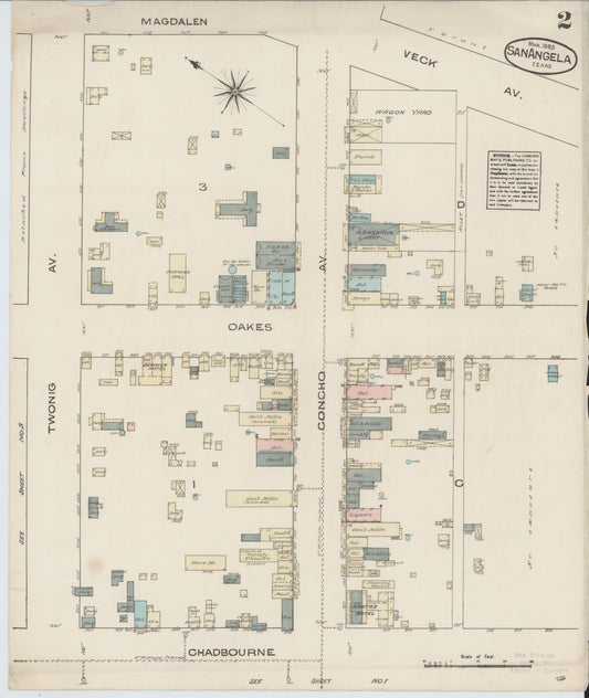 Sanborn Fire Insurance Map from San Angelo, Tom Green County, Texas (1885), Sheet #0002 - Historic Sanborn Fire Insurance Map Print, vintage old map wall art, antique decor, genealogy gift, Texas Texas map